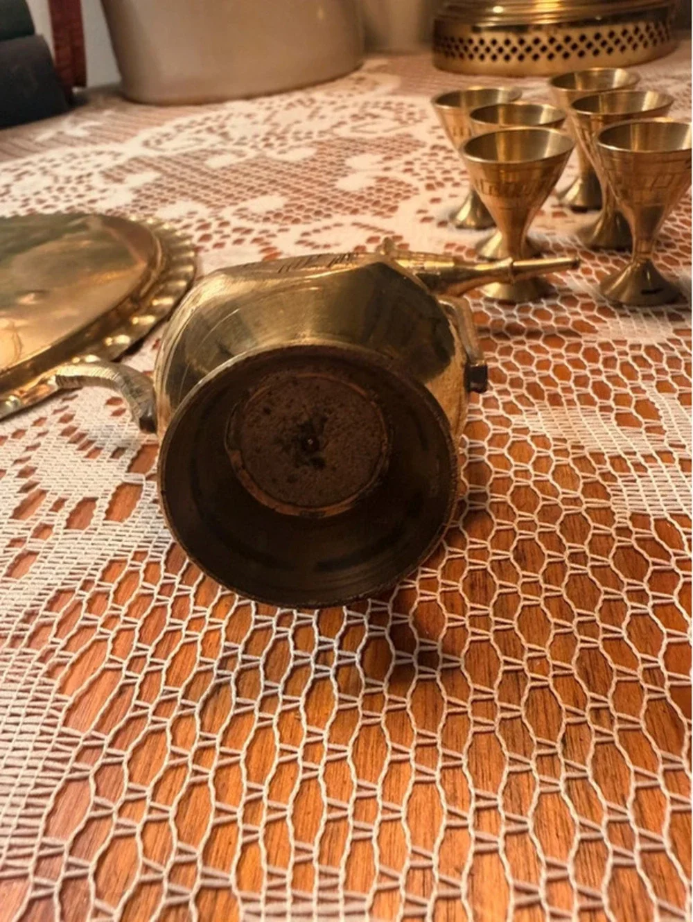 Vintage Miniature Brass Arabic Dallah Coffee Set Tray 6 Goblets